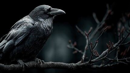 Moody and Atmospheric Detailed Raven Perched on Branch in Dark Setting