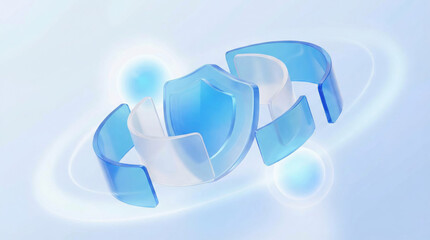 Blue shield transparent glass floating in abstract digital background glowing orbs futuristic protection security concept modern technology safe clean minimal style