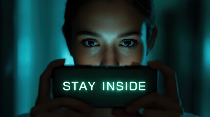 Pandemic warning infection disaster. A person holding a phone displaying the message "STAY INSIDE," illuminated in a dark environment.
