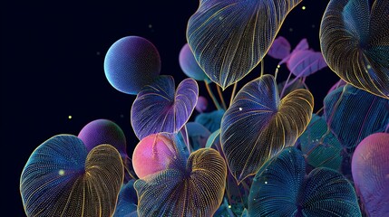 Neon lit botanical shapes unfolding in a mesmerizing display of colorful leaves and orbs against a dark background with futuristic and vibrant