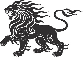 Fototapeta premium Black tribal lion tattoo vector illustration, roaring king silhouette, ethnic animal mascot design, mythical creature artwork for apparel print, isolated predator