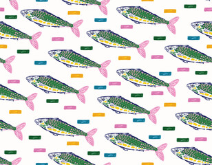 Trendy Seamless pattern. Hand drawn Seafood Mediterranean Sardines  , Doodles mackerel,