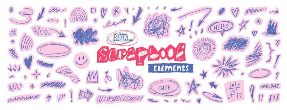 Pink doodle scribble scrapbook vector elements collection. Crayon drawn girly scribbles for journaling, hand drawn zine design, daily planner and diary. Sketch handdrawn stickers with grunge texture.