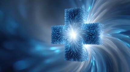 Abstract Fluffy Glowing Blue Cross Medical Symbol with Energetic Swirls