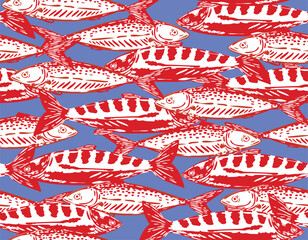Trendy Seamless pattern. Hand drawn Seafood Mediterranean Sardines  ,