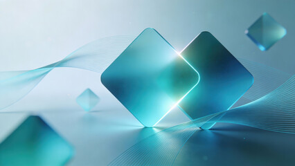 Abstract blue glass diamond shapes with glowing light and smooth wave lines create modern, futuristic, and elegant background for technology or digital design concepts