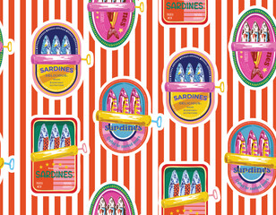 Trendy Sardines in cans. eamless pattern, Hand Drawn Mediterranean food