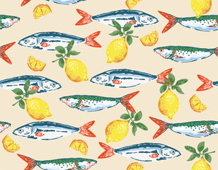 Trendy Seamless pattern. Hand drawn Seafood Mediterranean Sardines  ,