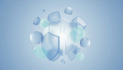 Translucent shield human silhouette floating geometric shapes blue background security protection digital safety abstract modern technology calm