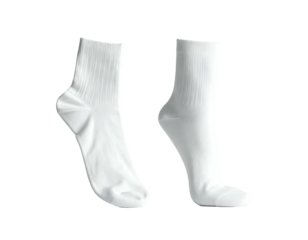 Two plain white crew socks standing against a black background