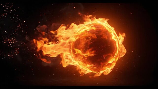Cinematic Floating Fireball Spell With Flowing Flame Trails And Embers, Fantasy Magic Energy VFX Animation On Black Background
