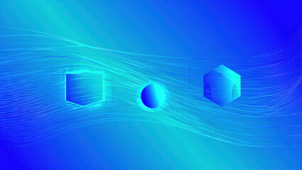 Abstract blue background with glowing geometric shapes including cube, sphere, and hexagon, surrounded by flowing light lines, creating futuristic and dynamic digital art style