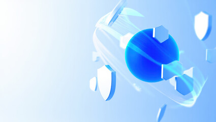 Blue sphere white shield digital security abstract background glowing effect technology cyber protection futuristic 3D render network safety innovation