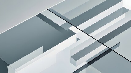 Abstract geometric composition with overlapping modern shapes and lines creating a clean structured design in cool grey and blue tones