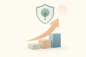 Growth chart with upward arrow, eco friendly shield, and tree icon symbolizes environmental protection, sustainability, and positive business progress in minimal, modern style