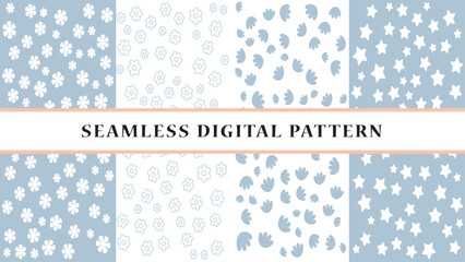 Seamless digital patterns featuring a collection of pastel floral and star designs in soft blue and white hues for creative projects and backgrounds