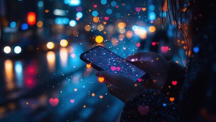 A person holds a glowing smartphone, digital hearts and particles rise against a bokeh city night scene