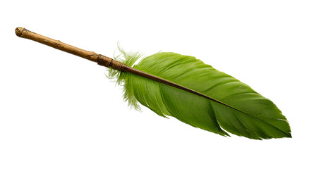 A quill comprised of a verdant leaf and a wooden handle, on a black backdrop