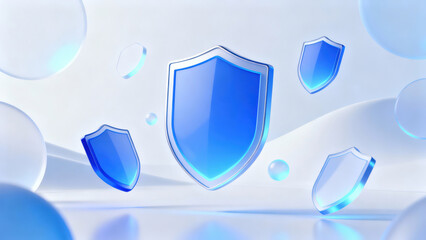 Blue shield security protection digital abstract 3D glossy floating futuristic technology safe modern defense background secure concept clean minimal cyber internet privacy icon symbol