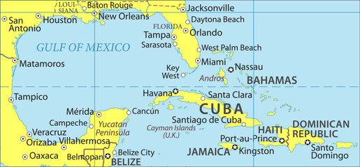 Vector political world map. Fragment of geographical atlas with cuba, haiti, florida, gulf of mexico, bahamas, jamaica, dominican republic, cayman islands, yucatan peninsula. Central america terrain.