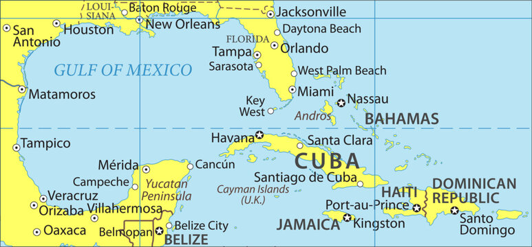 Vector political world map. Fragment of geographical atlas with cuba, haiti, florida, gulf of mexico, bahamas, jamaica, dominican republic, cayman islands, yucatan peninsula. Central america terrain.