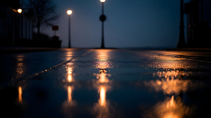 Minimal Rainy Road with Street Lamps at Night