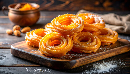 Golden Fried Sweet Rings Sprinkled with Powdered Sugar on Wooden Board.