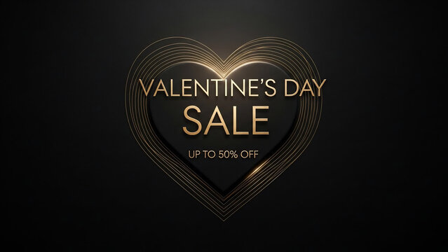 Valentine&rsquo;s Day luxury sale banner with golden heart outline on black background, premium romantic discount design