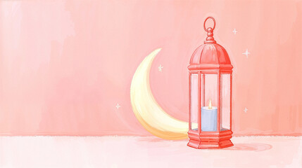 Minimal Ramadan Kareem background with glowing lantern and crescent moon, soft pastel tones and copy space for design.