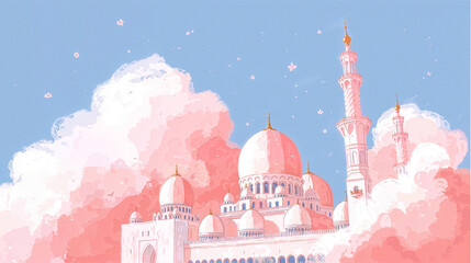Soft pastel Ramadan Kareem background with mosque, crescent mood and copy space for banners and social media use.