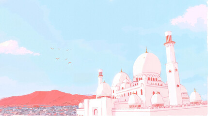 Soft pastel Ramadan Kareem background with mosque, crescent mood and copy space for banners and social media use.