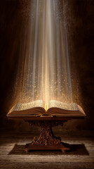 Open ancient book glowing with golden light, symbol of knowledge, wisdom, magic, fantasy and inspiration