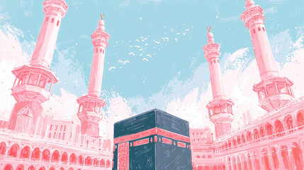 Artistic Ramadan Kareem background with Kaaba in Mecca, mosque minarets and spiritual sky, perfect for banners.