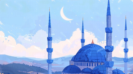Elegant Ramadan Kareem background with blue mosque, crescent moon and sky, perfect for banners and social media.