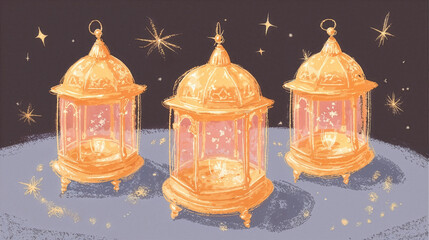 Luxury Ramadan Kareem background with glowing golden lanterns on dark night sky, perfect for banners and promotions.