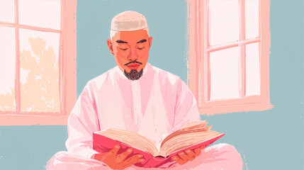 Peaceful Ramadan Kareem background with Muslim man reading Quran by window, soft light, spiritual mood and copy space.
