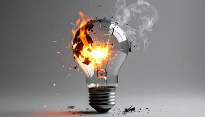 Broken light bulb burnout scene, cracked glass illuminated by intense heat, fire and electrical sparks
