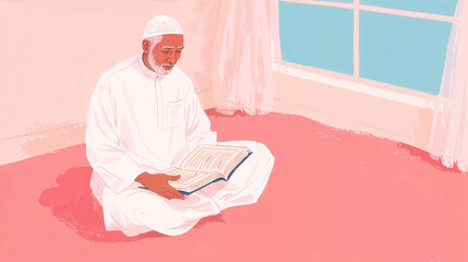 Peaceful Ramadan Kareem background with Muslim man reading Quran at home, spiritual mood and copy space.