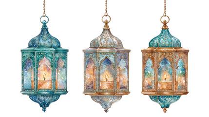 Elegant Ramadan Kareem background with ornate hanging lanterns, watercolor style, isolated on white for banners.