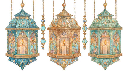 Elegant Ramadan Kareem background with ornate hanging lanterns, watercolor style, isolated on white for banners.