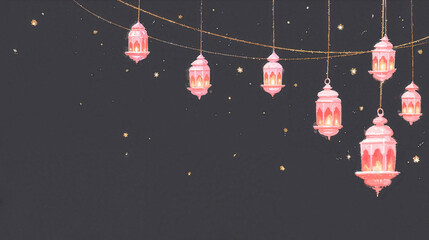 Minimal Ramadan Kareem background with hanging lanterns, night sky and copy space, perfect for banners and promotions.
