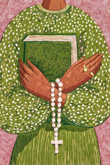 Hand drawn Ramadan Kareem background with Quran and prayer beads, spiritual islamic illustration for banners.