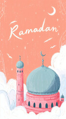 Soft Ramadan Kareem background with mosque domes in clouds, crescent moon and pastel sky, ideal for banners.