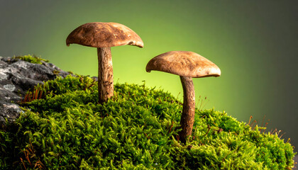 Two brown mushrooms growing on a mossy log in a forest.