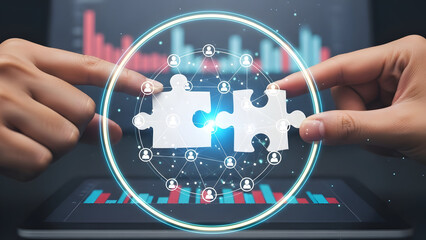 Two hands connecting puzzle pieces symbolizing business strategy and teamwork.