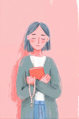 Gentle Ramadan Kareem background with Muslim woman holding Quran and prayer beads, calm spiritual mood and copy space.