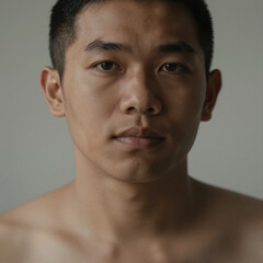 Obraz premium Close-up portrait of a Southeast Asian person with a relaxed expression, detailed skin texture, minimalist background, professional fine-art photography