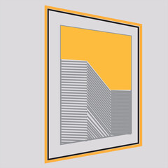 Modern Abstract Architectural Illustration with Grey Geometric Buildings and Vibrant Yellow Sky Background