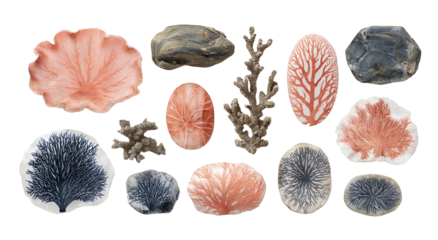 Assortment of diverse natural objects, featuring corals, stones, and organic shapes
