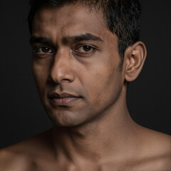 Obraz premium Intimate Portrait of a South Asian Man with Subtle Expression and Dramatic Lighting